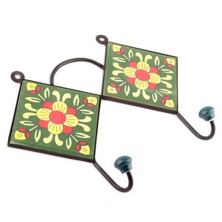 Forest Green And Yellow Ceramic Floral Tiles Hooks